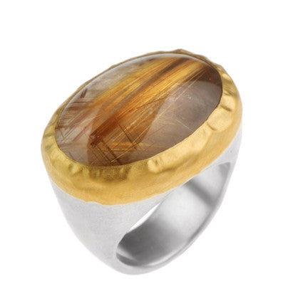 <P class=Body dir=ltr>Oval Ruthilated Quartz ring wrapped with 24K gold on a sterling silver band Measurments of the stone 25x20mm Available size 7.5 Only! </P>