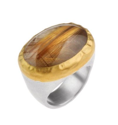 <P class=Body dir=ltr>Oval Ruthilated Quartz ring wrapped with 24K gold on a sterling silver band Measurments of the stone 25x20mm Available size 7.5 Only! </P>
