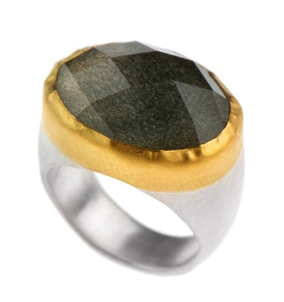 Obsidian ring wrapped with 24k gold on a sterling silver band size 7.5 only