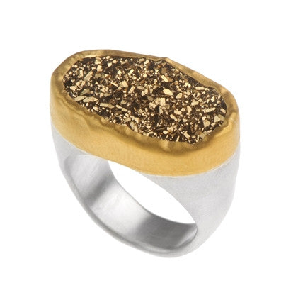 <P dir=ltr class=Body>Oval large Pyrite ring wrapped with 24K gold on a sterling silver band </P> <P style="TEXT-ALIGN: left; MARGIN: 0cm 0cm 0pt; unicode-bidi: embed; DIRECTION: ltr" dir=ltr class=MsoNormal><SPAN style="FONT-FAMILY: Arial; COLOR: #000000; FONT-SIZE: 10pt">Measurements of the stone 22 x&nbsp;15 mm. Available any size!<?xml:namespace prefix = o ns = "urn:schemas-microsoft-com:office:office" /><o:p></o:p></P>