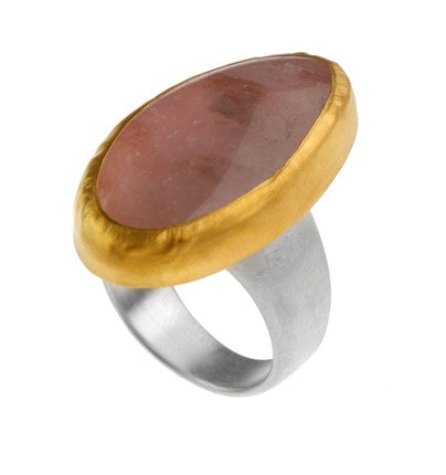 <P One of a kind , Large&nbsp;Morgonite uneven stone, wrapped with 24k gold on a sterling silver band </P> <P class=MsoNormal style="unicode-bidi: embed; DIRECTION: ltr; TEXT-ALIGN: left; MARGIN: 0cm 0cm 0pt" dir=ltr><SPAN style="FONT-SIZE: 10pt; FONT-FAMILY: Arial; COLOR: #000000">Measurements of the stone&nbsp;16 x 30 mm. </P>