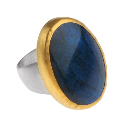 <P dir=ltr class=Body>Large oval one of a kind Labradorite rings wrapped with 24k gold on a sterling silver band </P> <P style="TEXT-ALIGN: left; MARGIN: 0cm 0cm 0pt; unicode-bidi: embed; DIRECTION: ltr" dir=ltr class=MsoNormal><SPAN style="FONT-FAMILY: Arial; COLOR: #000000; FONT-SIZE: 10pt">Measurements of the stone&nbsp;30 x 22 mm. Available any size!<?xml:namespace prefix = o ns = "urn:schemas-microsoft-com:office:office" /><o:p></o:p></P>