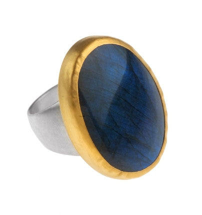 <P dir=ltr class=Body>Large oval one of a kind Labradorite rings wrapped with 24k gold on a sterling silver band </P> <P style="TEXT-ALIGN: left; MARGIN: 0cm 0cm 0pt; unicode-bidi: embed; DIRECTION: ltr" dir=ltr class=MsoNormal><SPAN style="FONT-FAMILY: Arial; COLOR: #000000; FONT-SIZE: 10pt">Measurements of the stone&nbsp;30 x 22 mm. Available any size!<?xml:namespace prefix = o ns = "urn:schemas-microsoft-com:office:office" /><o:p></o:p></P>