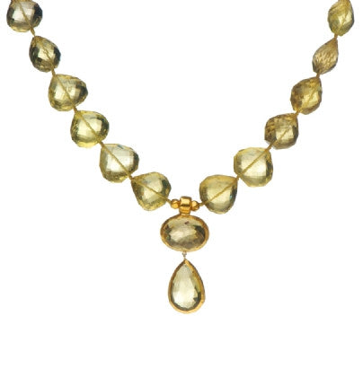 <P dir=ltr class=Body>One of a Kind&nbsp; - Heart shaped Lemon quartz necklace with&nbsp;two Lemon Quartz&nbsp;drops, all wrapped with 24k gold 18" Long . Height of Drops is 2". Lemon Quartz drops may vary in shape and size</P>