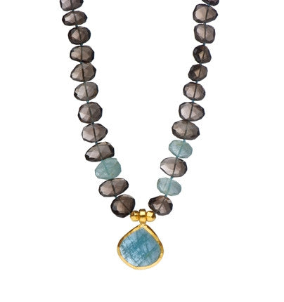 <P dir=ltr class=Body>Necklace of Smoky Topaz and Aquamarine with large drop of Chalcedony wrapped with 24k gold </P>