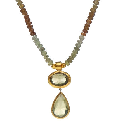 <P dir=ltr class=Body>Green Garnet Necklace with&nbsp;two Drops of Lemon Quartz both wrapped with 24k Gold</P>