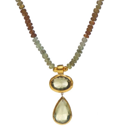 <P dir=ltr class=Body>Green Garnet Necklace with&nbsp;two Drops of Lemon Quartz both wrapped with 24k Gold</P>