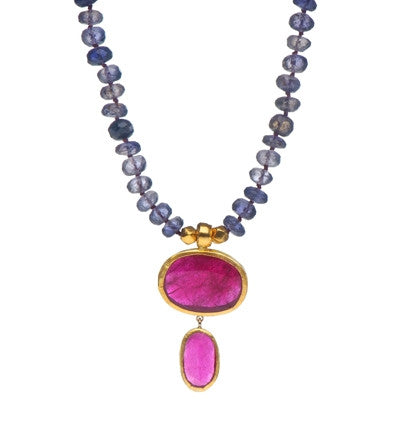 <P dir=ltr class=Body>Iolite Necklace with two Ruby (treated)Drops all wrapped with 24K Gold</P>