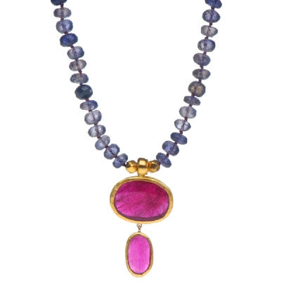 <P dir=ltr class=Body>Iolite Necklace with two Ruby (treated)Drops all wrapped with 24K Gold</P>