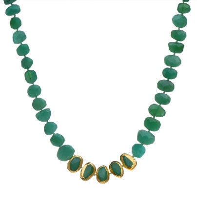 <P dir=ltr class=Body>Necklace of Chrysoprase with Five stones wrapped in 24K Gold 18" Long or upon request</P>