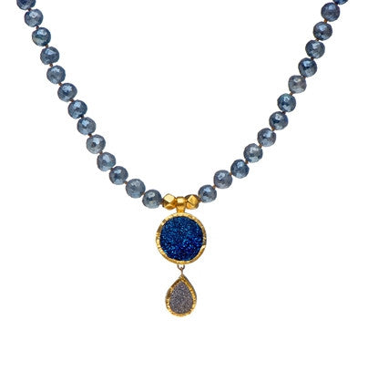 <P dir=ltr class=Body>Necklace of Coated Labradorite with Two drops of Blue and Silver Pyrite, both wrapped in 24K Gold 18" Long or upon request Length of drops is 40mm, Width 20mm</P>