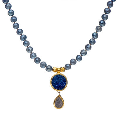 <P dir=ltr class=Body>Necklace of Coated Labradorite with Two drops of Blue and Silver Pyrite, both wrapped in 24K Gold 18" Long or upon request Length of drops is 40mm, Width 20mm</P>