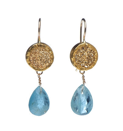 <P dir=ltr class=Body>Earrings of Round Pyrite wrapped with 24K Gold and a drop of Aquamarine Hang 42mm Width 12mm</P>