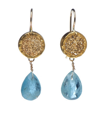 <P dir=ltr class=Body>Earrings of Round Pyrite wrapped with 24K Gold and a drop of Aquamarine Hang 42mm Width 12mm</P>