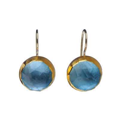 <P dir=ltr class=Body>Round Earrings of Blue Topaz wrapped with 24K Gold Hang 23mm Width 14mm</P>