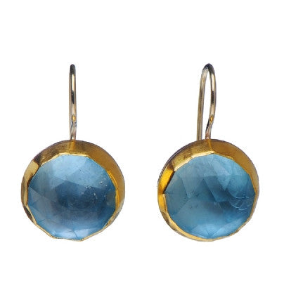 <P dir=ltr class=Body>Round Earrings of Blue Topaz wrapped with 24K Gold Hang 23mm Width 14mm</P>