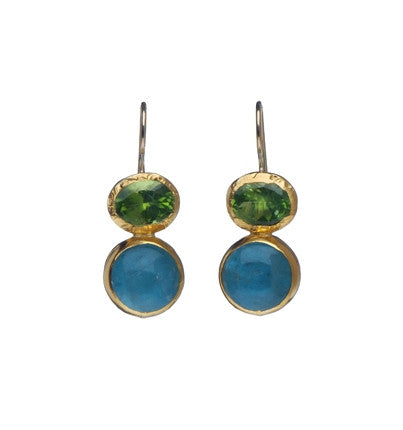 <P dir=ltr class=Body>Two stone Earrings of oval Peridot and round Aquamarine, both wrapped with 24K Gold Hang 33mm Width 11mm</P>