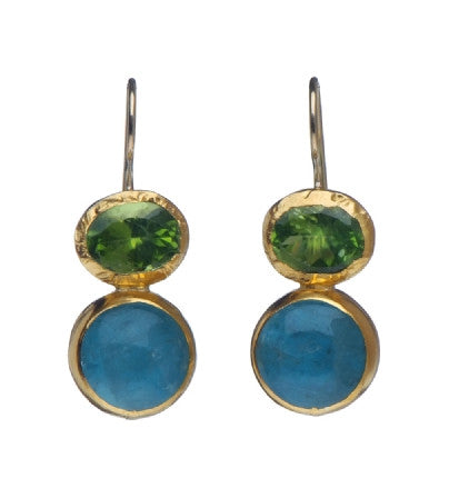 <P dir=ltr class=Body>Two stone Earrings of oval Peridot and round Aquamarine, both wrapped with 24K Gold Hang 33mm Width 11mm</P>