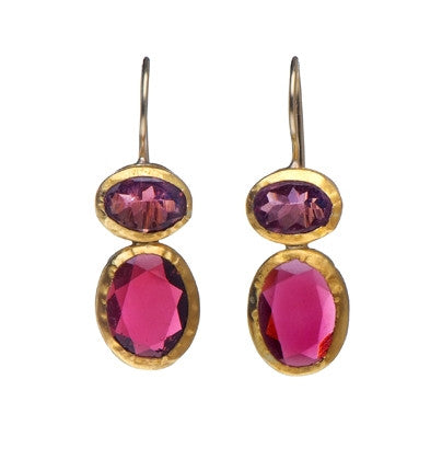 <P dir=ltr class=Body>Two stone Pink Tourmaline Earrings wrapped with 24K Gold Hang 32mm Width 11mm</P>