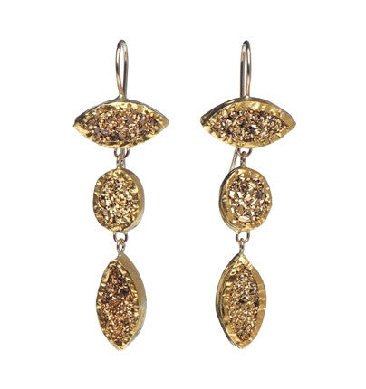 <P dir=ltr class=Body>Three stone Marquize and Oval Golden Pyrite Earrings, all wrapped with 24K Gold Hang 52mm Width 16mm</P>