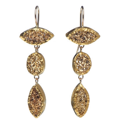 <P dir=ltr class=Body>Three stone Marquize and Oval Golden Pyrite Earrings, all wrapped with 24K Gold Hang 52mm Width 16mm</P>