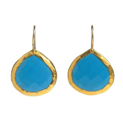 <P dir=ltr class=Body>Large Turquoise Tear drop Earrings wrapped with 24k Gold Hang 30mm Width 21mm</P>