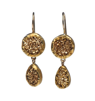 <P dir=ltr class=Body>Two stone Earrings of Round and Teardrop Pyrite all wrapped with 24K Gold Hang 38mm Width 13mm</P>