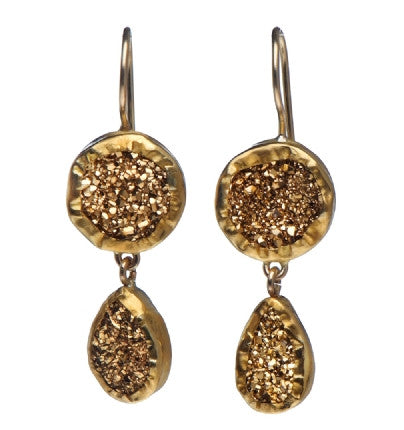 <P dir=ltr class=Body>Two stone Earrings of Round and Teardrop Pyrite all wrapped with 24K Gold Hang 38mm Width 13mm</P>