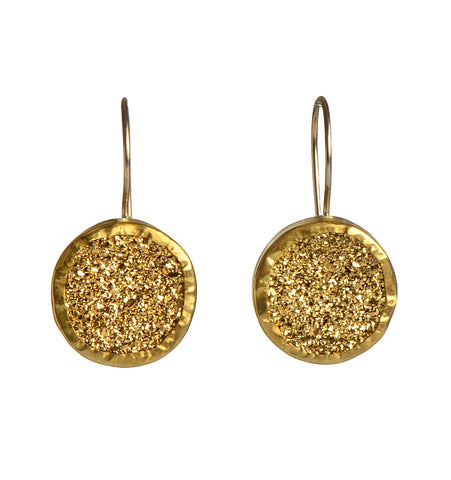 <P dir=ltr class=Body>Large Round Golden Pyrite Earrings wrapped with 24K Gold Hang 30mm Width 16mm</P>