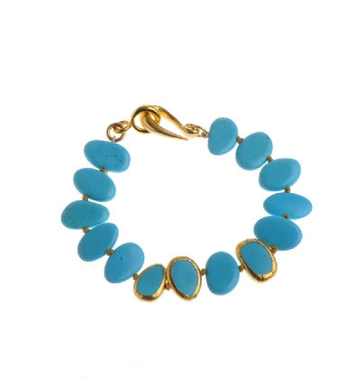 <P dir=ltr class=Body>Bracelet of Turquoise with three stones wrapped with 24K Gold 7.5" Long or upon request</P>