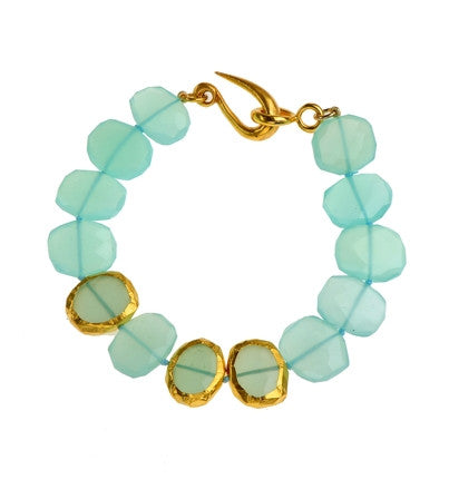 <P dir=ltr class=Body>Bracelet of Peruvian Chalcedony with three stones wrapped with 24K Gold 15" Long </P>