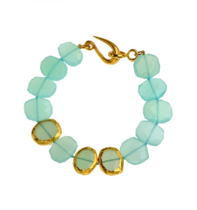 <P dir=ltr class=Body>Bracelet of Peruvian Chalcedony with three stones wrapped with 24K Gold 15" Long </P>