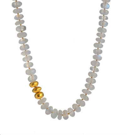 <P dir=ltr class=Body>Necklace of Moonstone and Three stones wrapped with 24K Gold 18.5" Long or upon Request</P>