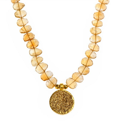 <P dir=ltr class=Body>Citrine Necklace with a Large Round Pyrite Drop wrapped with 24K Gold 18.5" Long or upon Request</P>