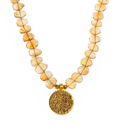 <P dir=ltr class=Body>Citrine Necklace with a Large Round Pyrite Drop wrapped with 24K Gold 18.5" Long or upon Request</P>