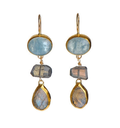 <P dir=ltr class=Body>Long Earrings of Oval Aquamarine and a Drop of Labradorite, both wrapped with 24K Gold Hang 45mm Width 12mm</P>