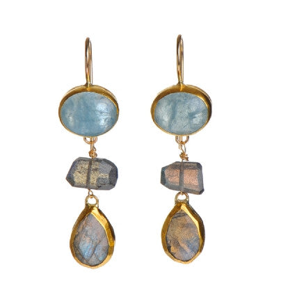 <P dir=ltr class=Body>Long Earrings of Oval Aquamarine and a Drop of Labradorite, both wrapped with 24K Gold Hang 45mm Width 12mm</P>