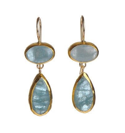 <P dir=ltr class=Body>Two stone Earrings of Oval Aquamarine and an Aquamarine Drop, Both wrapped with 24K Gold Hang 36mm Width 12mm</P>