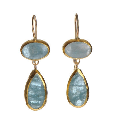 <P dir=ltr class=Body>Two stone Earrings of Oval Aquamarine and an Aquamarine Drop, Both wrapped with 24K Gold Hang 36mm Width 12mm</P>