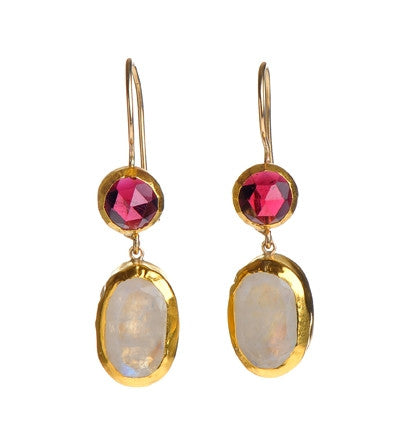 <P dir=ltr class=Body>Two stone Earrings of small round Garnet with an Oval Drop of Moonstone, both wrapped with 24K Gold Hang 40mm Width 10mm</P>