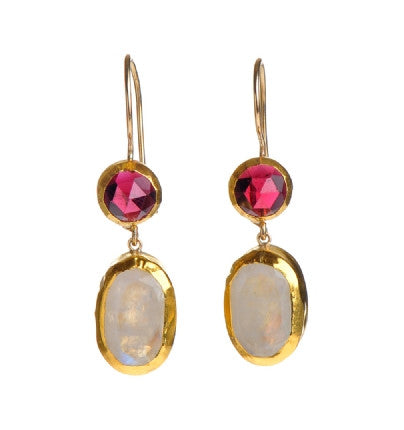 <P dir=ltr class=Body>Two stone Earrings of small round Garnet with an Oval Drop of Moonstone, both wrapped with 24K Gold Hang 40mm Width 10mm</P>