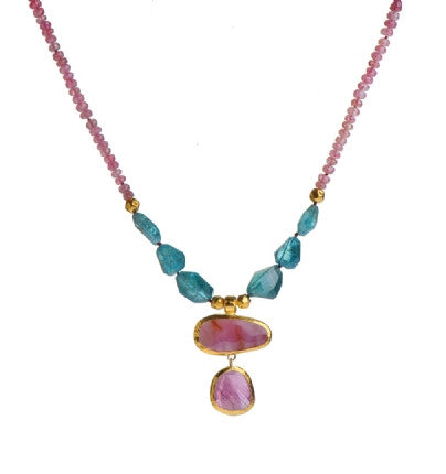 <P dir=ltr class=Body>Sapphire and Apatite Necklace with Two Large Composed Ruby Drops wrapped in 24K Gold 18" Long or upon request</P>