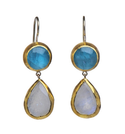 <P dir=ltr class=Body>Two stone Earrings of round Aquamarine and a drop of Moonstone, all wrapped with 24K Gold Hang 41mm Width 13mm</P>