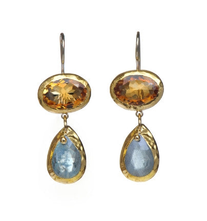 <P dir=ltr class=Body>Earrings of Oval Citrine and a Teardrop of Aquamarine, all wrapped with 24k Gold Hang 39mm Width 14mm</P>