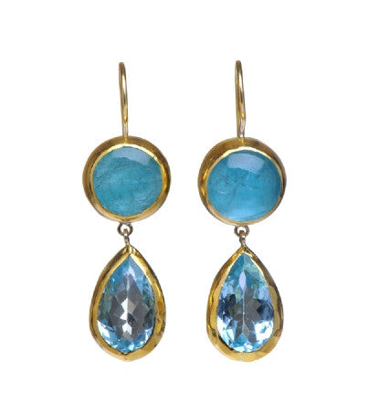 <P dir=ltr class=Body>Earrings of Round Aquamarine and a Blue topaz Teardrop, all wrapped with 24k gold Hang 40mm Width 11mm</P>