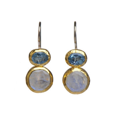 <P dir=ltr class=Body>Small Earrings of Oval Blue Topaz and Moonstone, both wrapped with 24k Gold Hang 22mm Width 10mm</P>