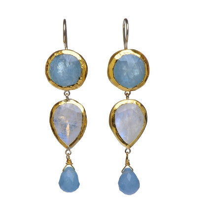 <P dir=ltr class=Body>Long Dangling Earrings with Round Aquamarine and a Moonstone Teardrop wrapped with 24k Gold, and a tiny Aquamarine drop Hang 55mm Width 14mm</P>