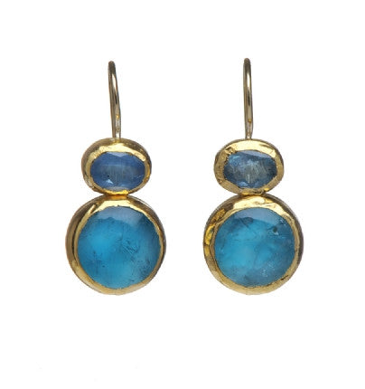 <P dir=ltr class=Body>Earrings of small Oval Aqua Marine and&nbsp;round&nbsp;Aquamarine, both wrapped with 24k Gold Hang 22mm Width 12mm</P>