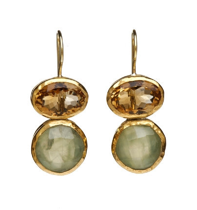 <P dir=ltr class=Body>Two stone Earrings of Oval Citrine and Round Prehnite, all wrapped with 24K Gold Hang 35mm Width 14mm</P>