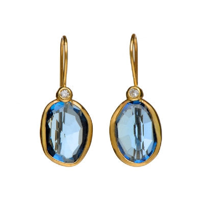 <P dir=ltr class=Body>Uneven shaped Blue Topaz 14K Gold Earrings with Diamonds Hang 28mm Width 11mm</P>